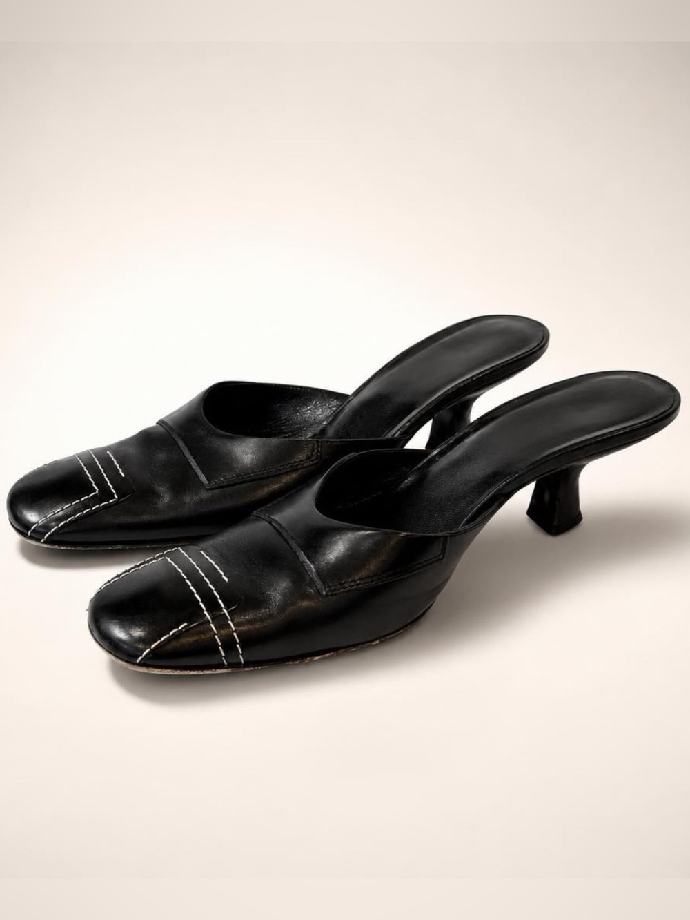Bally y2k Leather Heeled Mules, blk w/white stitching, almond toe, 37, EUC